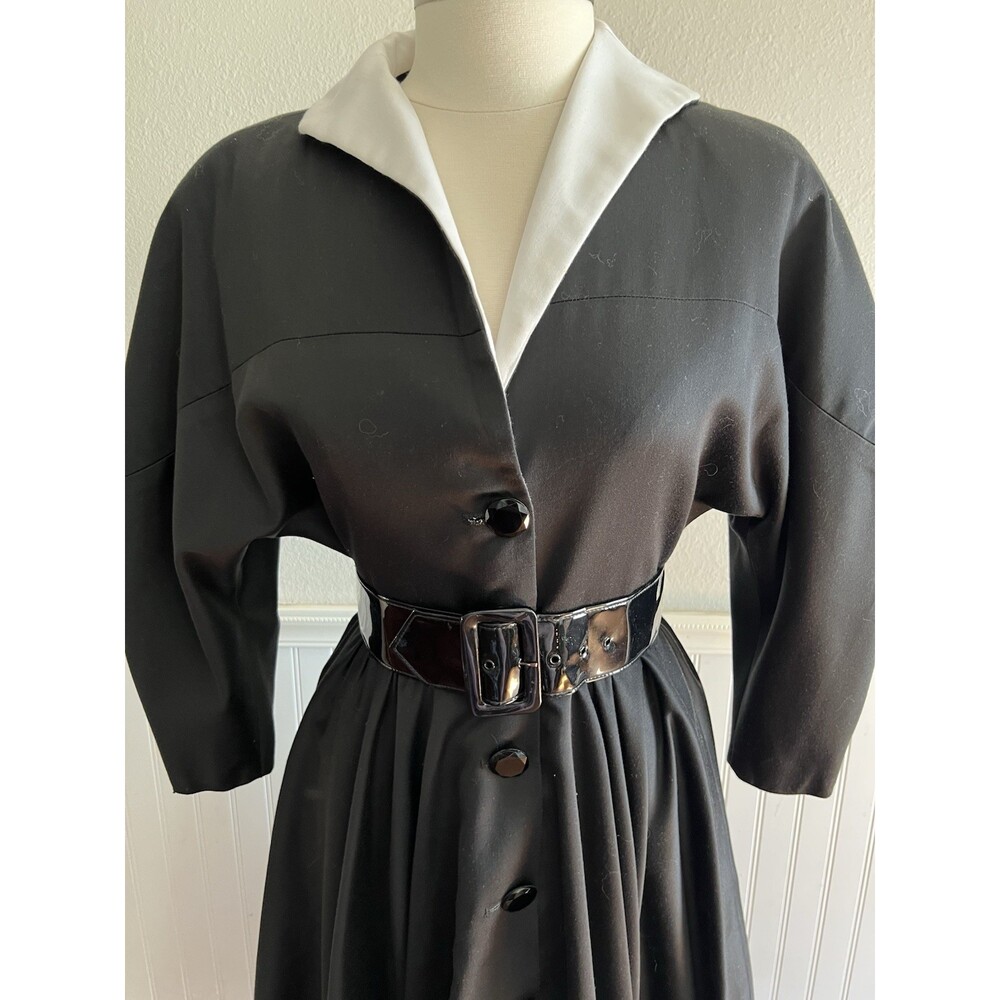 Victor Costa 80s Does 50s Collared Dress Full Skirt Tea Length Blk & White 8 - Picture 2 of 10
